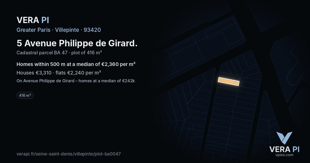 5 Avenue Philippe de Girard, Villepinte at night – the plot lit, the parcels around coloured by the prices near them