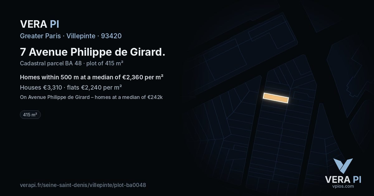 7 Avenue Philippe de Girard, Villepinte at night – the plot lit, the parcels around coloured by the prices near them