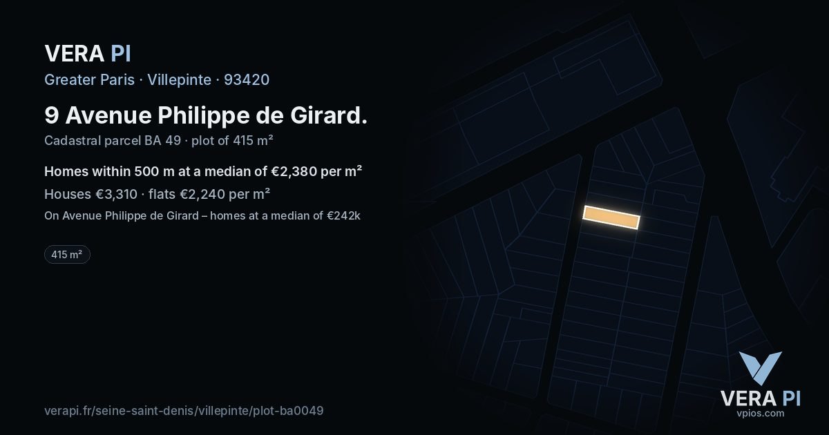 9 Avenue Philippe de Girard, Villepinte at night – the plot lit, the parcels around coloured by the prices near them