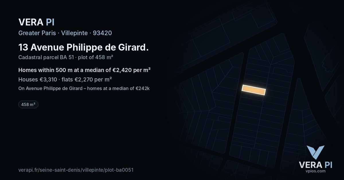 13 Avenue Philippe de Girard, Villepinte at night – the plot lit, the parcels around coloured by the prices near them