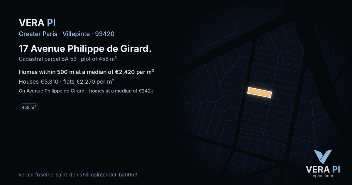 17 Avenue Philippe de Girard, Villepinte at night – the plot lit, the parcels around coloured by the prices near them