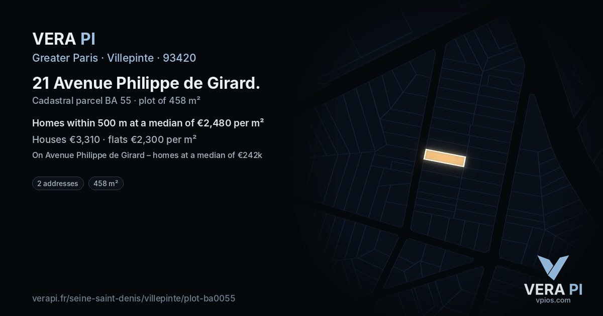 21 Avenue Philippe de Girard, Villepinte at night – the plot lit, the parcels around coloured by the prices near them