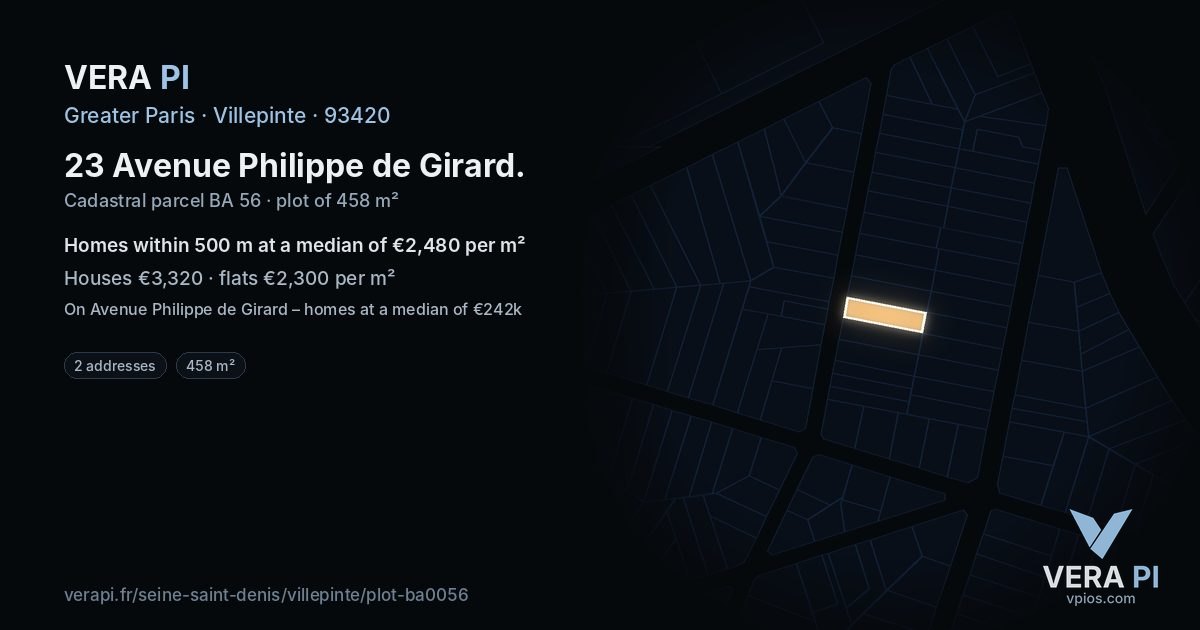 23 Avenue Philippe de Girard, Villepinte at night – the plot lit, the parcels around coloured by the prices near them