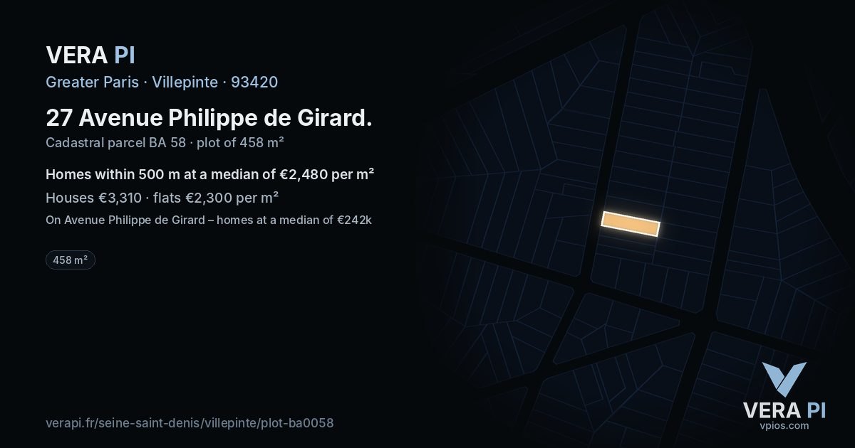 27 Avenue Philippe de Girard, Villepinte at night – the plot lit, the parcels around coloured by the prices near them