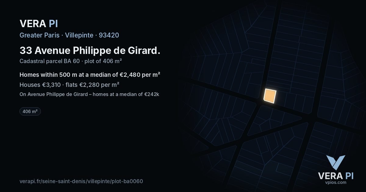 33 Avenue Philippe de Girard, Villepinte at night – the plot lit, the parcels around coloured by the prices near them