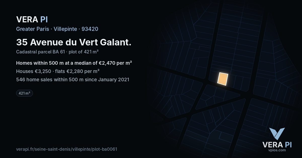 35 Avenue du Vert Galant, Villepinte at night – the plot lit, the parcels around coloured by the prices near them