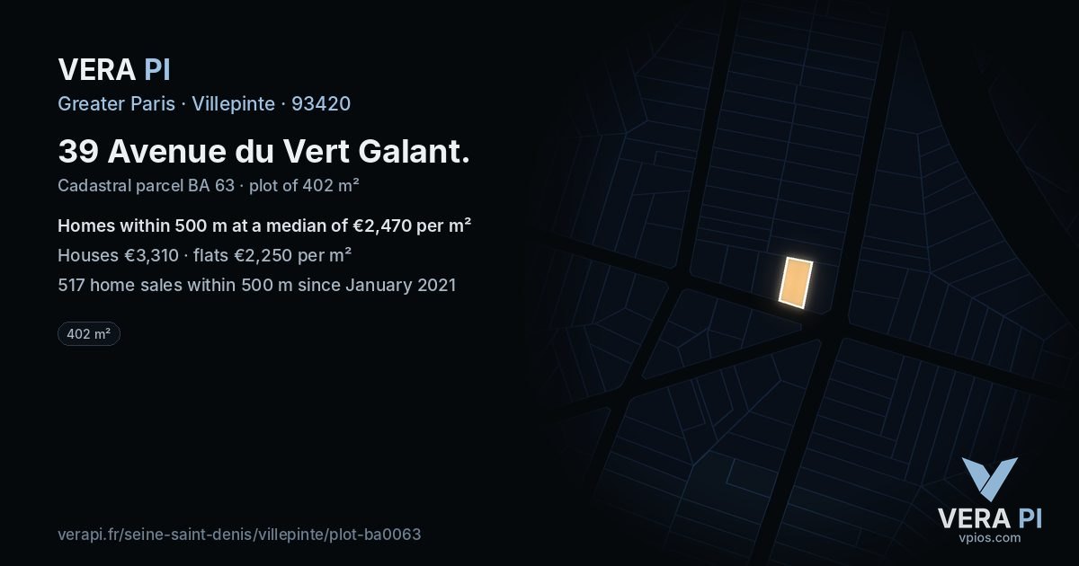 39 Avenue du Vert Galant, Villepinte at night – the plot lit, the parcels around coloured by the prices near them