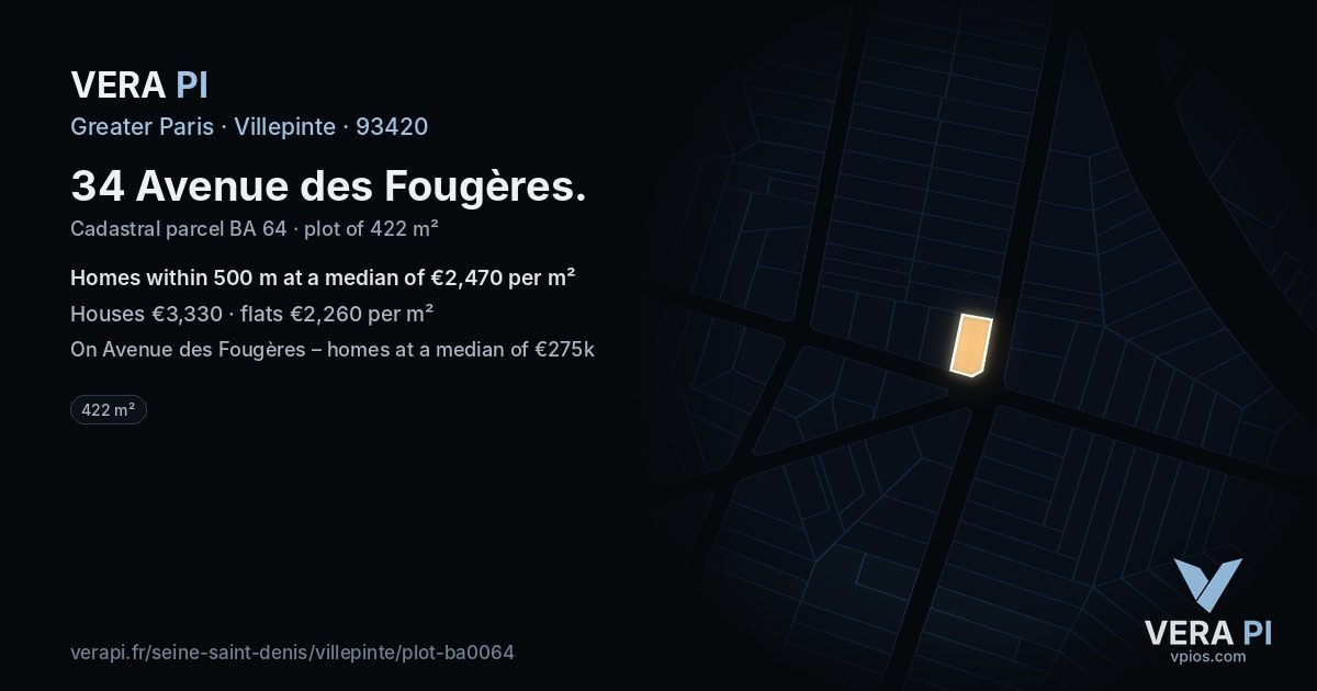 34 Avenue des Fougères, Villepinte at night – the plot lit, the parcels around coloured by the prices near them