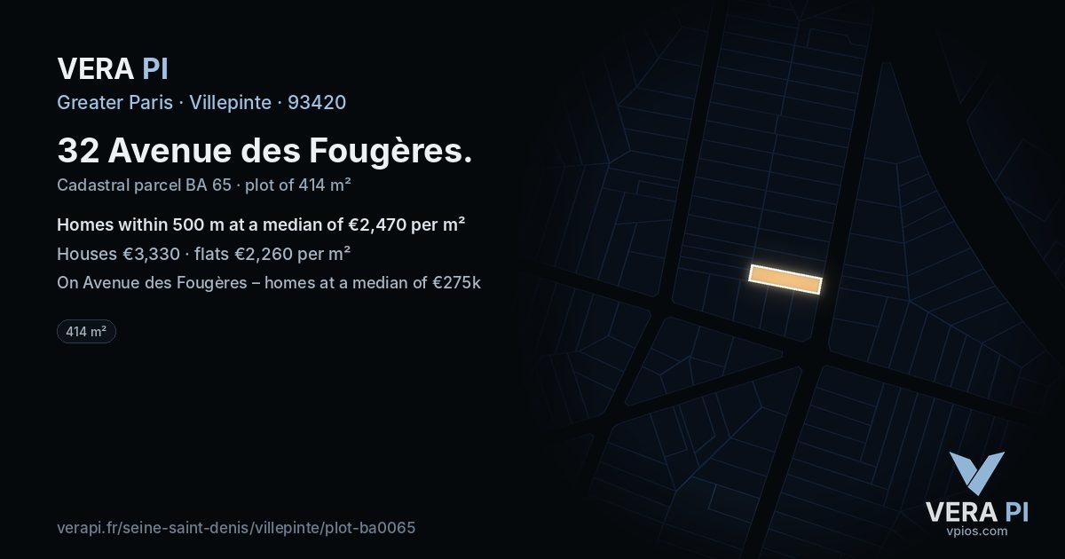 32 Avenue des Fougères, Villepinte at night – the plot lit, the parcels around coloured by the prices near them