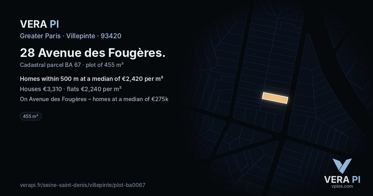28 Avenue des Fougères, Villepinte at night – the plot lit, the parcels around coloured by the prices near them