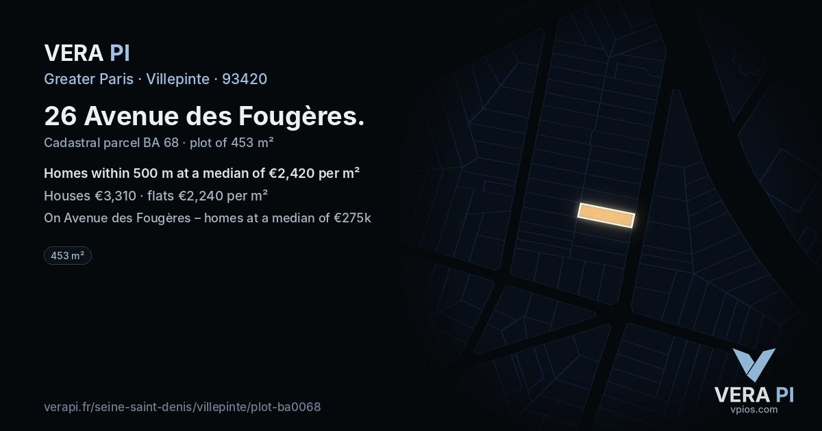 26 Avenue des Fougères, Villepinte at night – the plot lit, the parcels around coloured by the prices near them