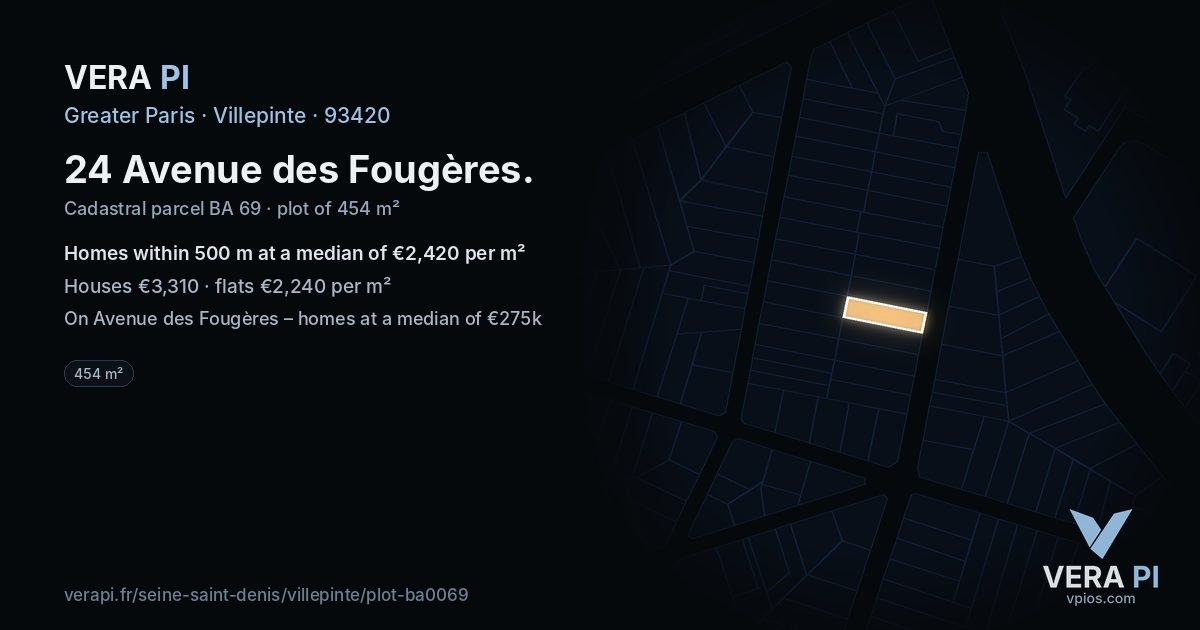 24 Avenue des Fougères, Villepinte at night – the plot lit, the parcels around coloured by the prices near them
