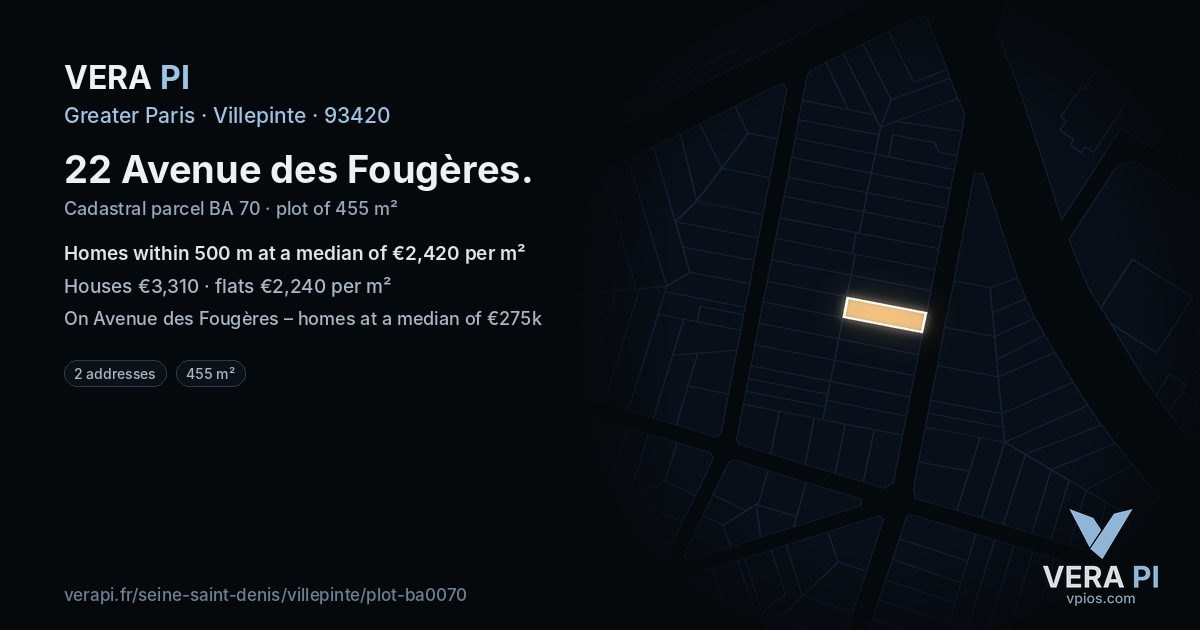 22 Avenue des Fougères, Villepinte at night – the plot lit, the parcels around coloured by the prices near them