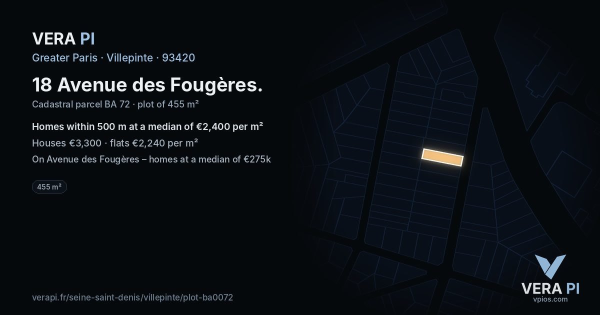 18 Avenue des Fougères, Villepinte at night – the plot lit, the parcels around coloured by the prices near them
