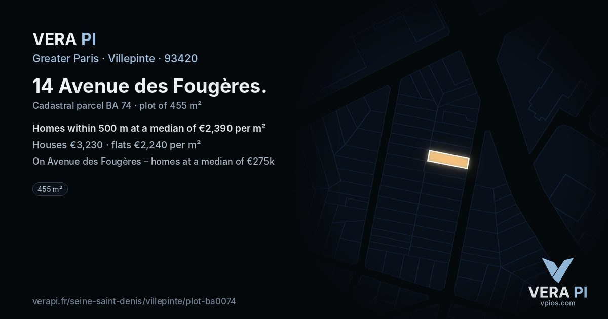 14 Avenue des Fougères, Villepinte at night – the plot lit, the parcels around coloured by the prices near them