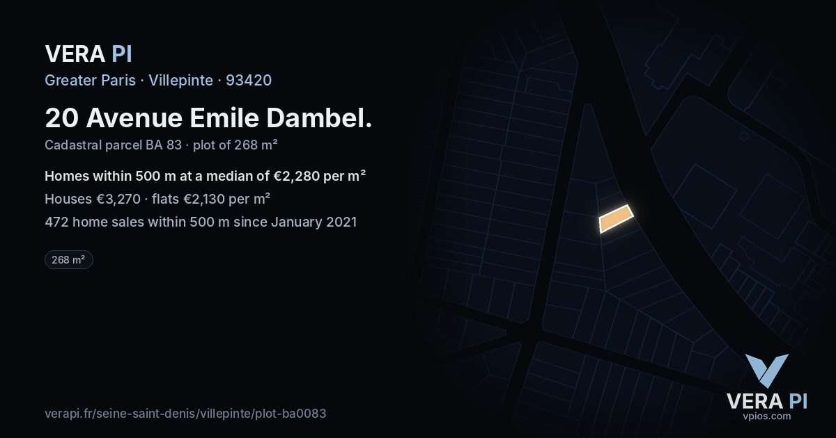 20 Avenue Emile Dambel, Villepinte at night – the plot lit, the parcels around coloured by the prices near them