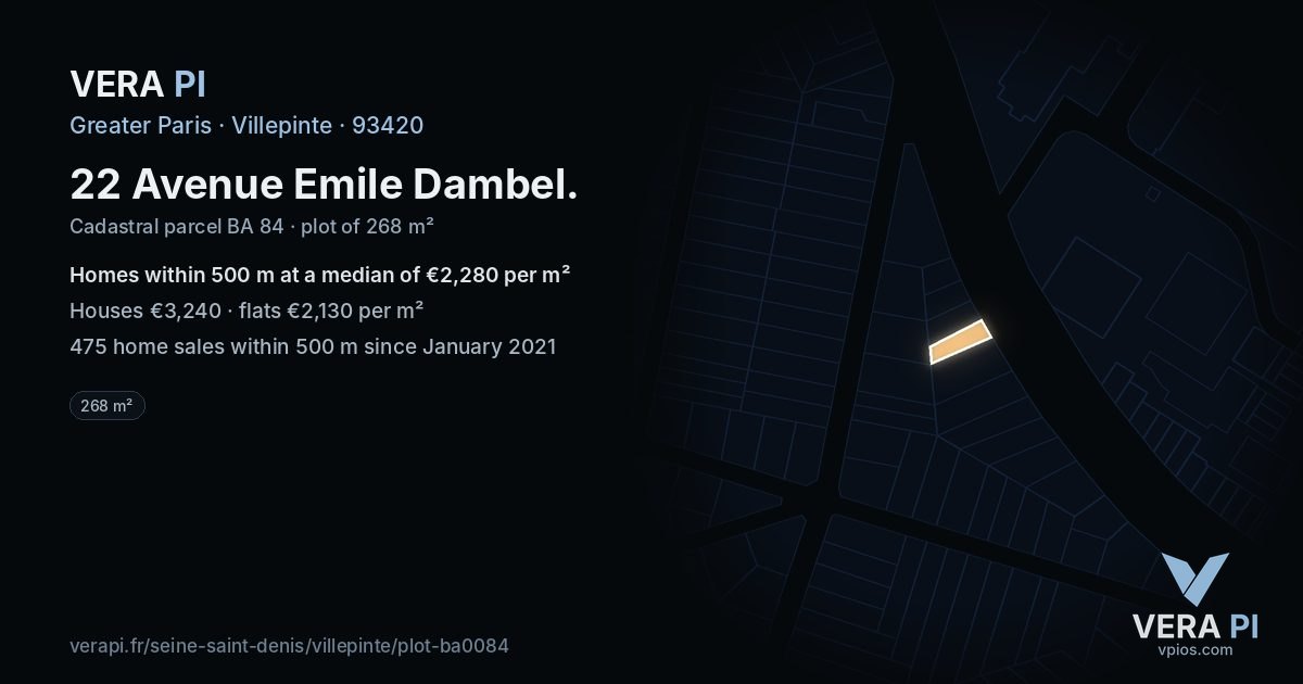 22 Avenue Emile Dambel, Villepinte at night – the plot lit, the parcels around coloured by the prices near them