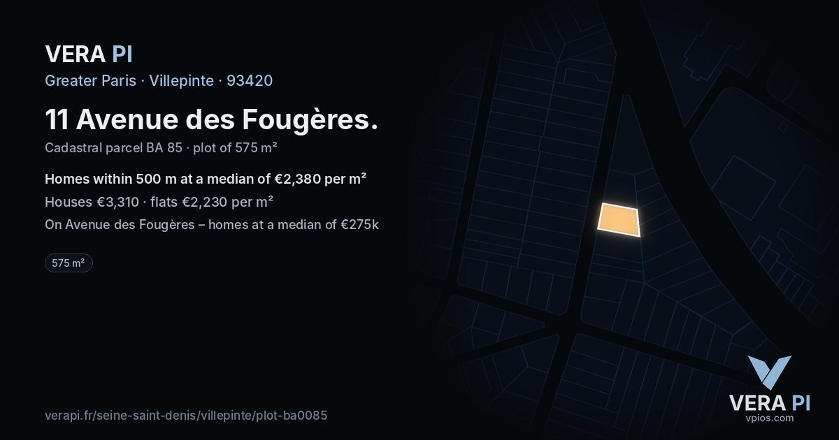 11 Avenue des Fougères, Villepinte at night – the plot lit, the parcels around coloured by the prices near them