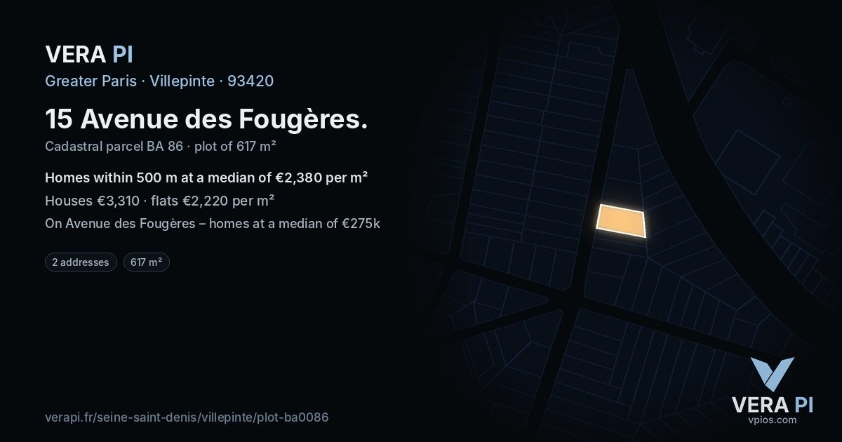 15 Avenue des Fougères, Villepinte at night – the plot lit, the parcels around coloured by the prices near them