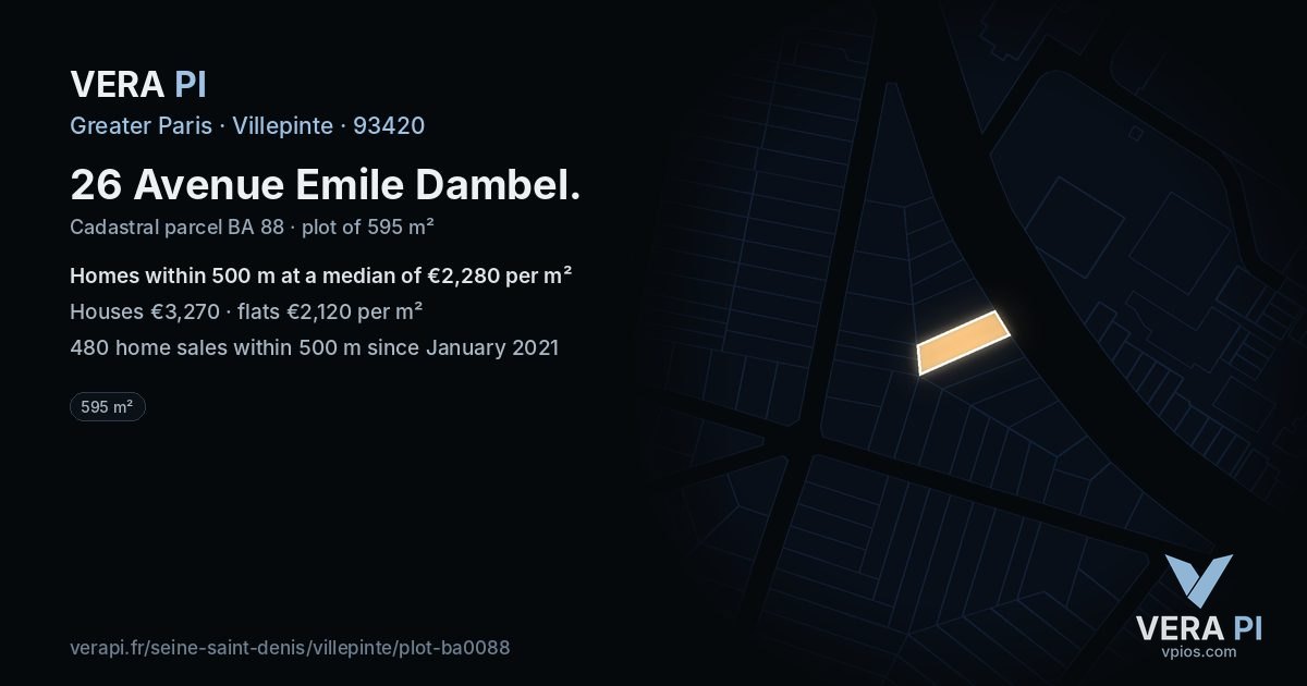 26 Avenue Emile Dambel, Villepinte at night – the plot lit, the parcels around coloured by the prices near them