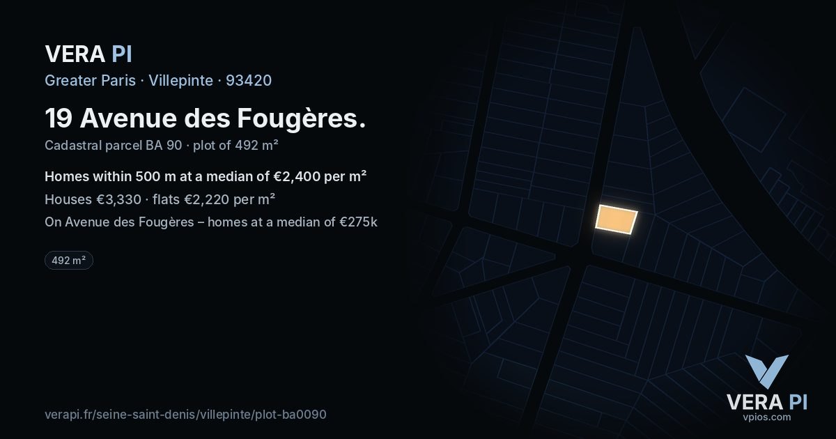 19 Avenue des Fougères, Villepinte at night – the plot lit, the parcels around coloured by the prices near them