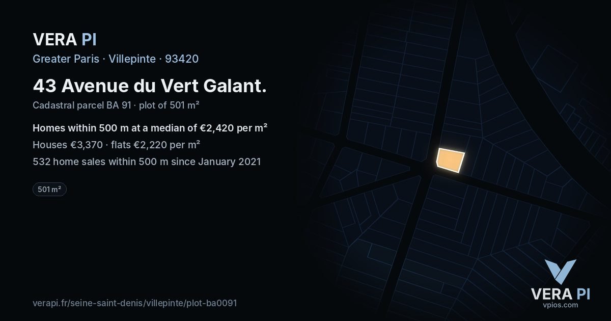 43 Avenue du Vert Galant, Villepinte at night – the plot lit, the parcels around coloured by the prices near them