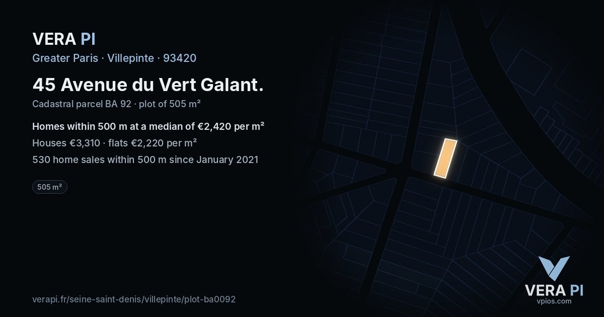 45 Avenue du Vert Galant, Villepinte at night – the plot lit, the parcels around coloured by the prices near them