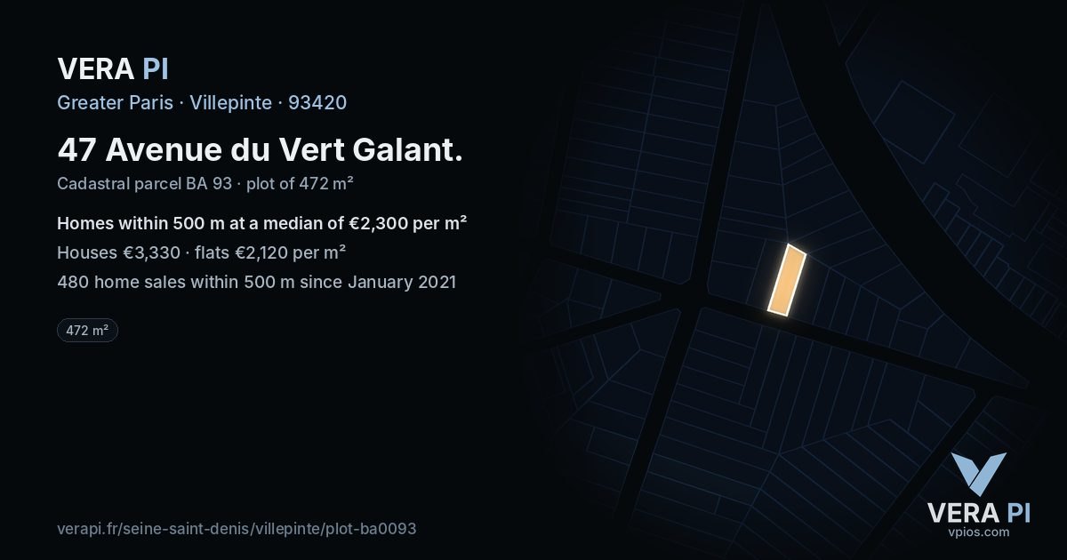 47 Avenue du Vert Galant, Villepinte at night – the plot lit, the parcels around coloured by the prices near them