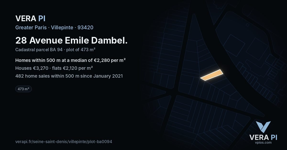 28 Avenue Emile Dambel, Villepinte at night – the plot lit, the parcels around coloured by the prices near them