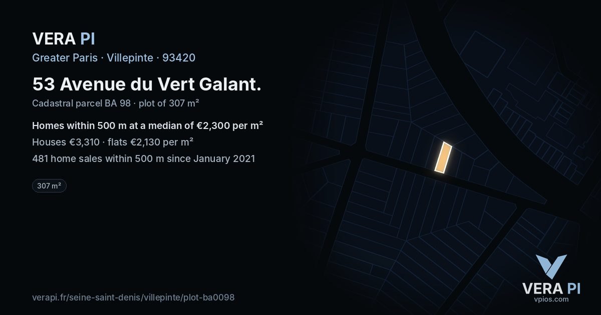 53 Avenue du Vert Galant, Villepinte at night – the plot lit, the parcels around coloured by the prices near them