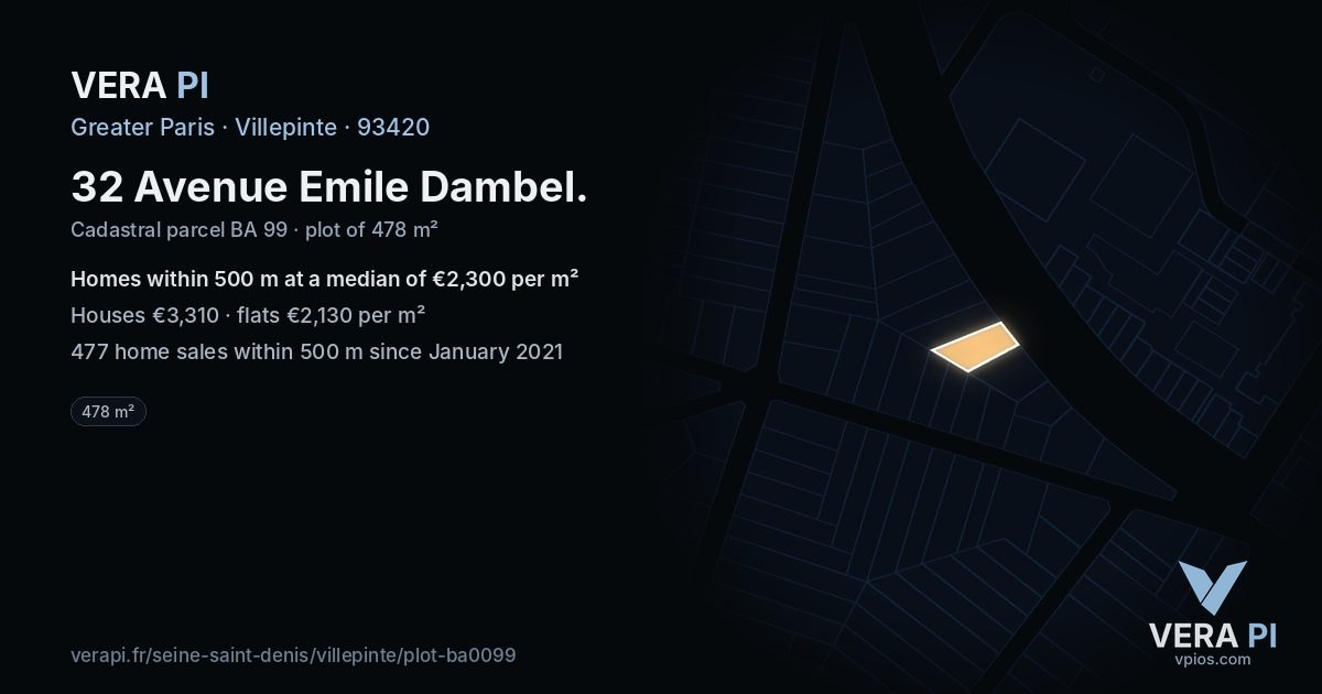 32 Avenue Emile Dambel, Villepinte at night – the plot lit, the parcels around coloured by the prices near them