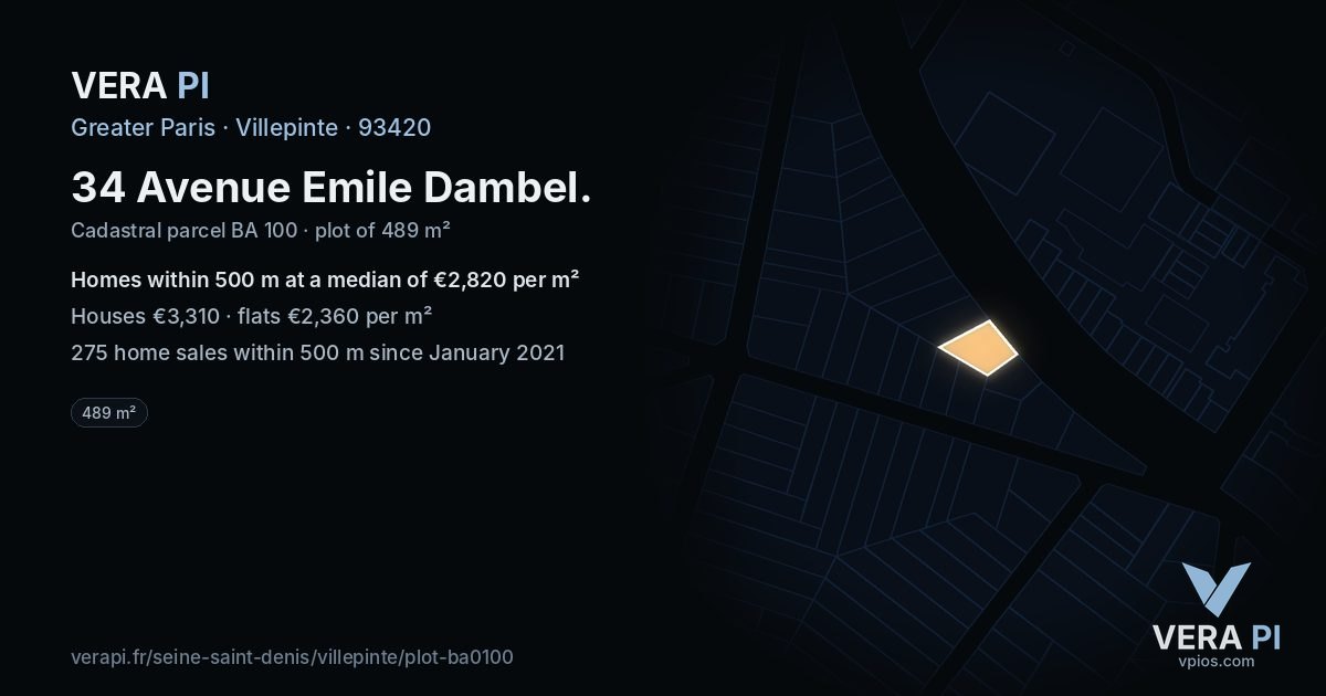 34 Avenue Emile Dambel, Villepinte at night – the plot lit, the parcels around coloured by the prices near them