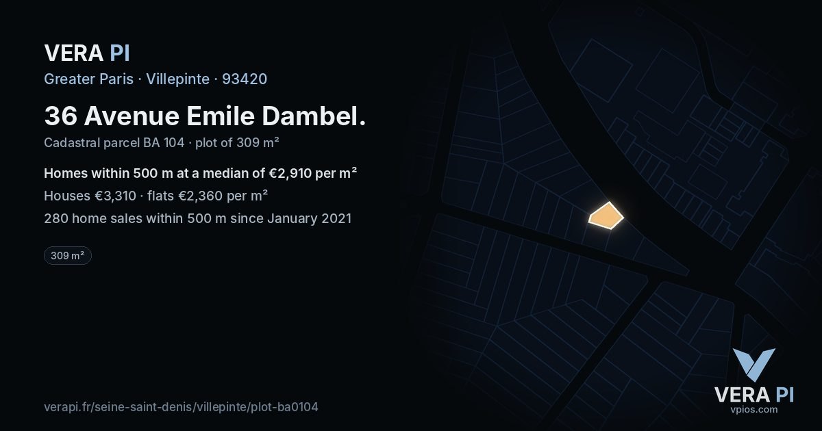 36 Avenue Emile Dambel, Villepinte at night – the plot lit, the parcels around coloured by the prices near them