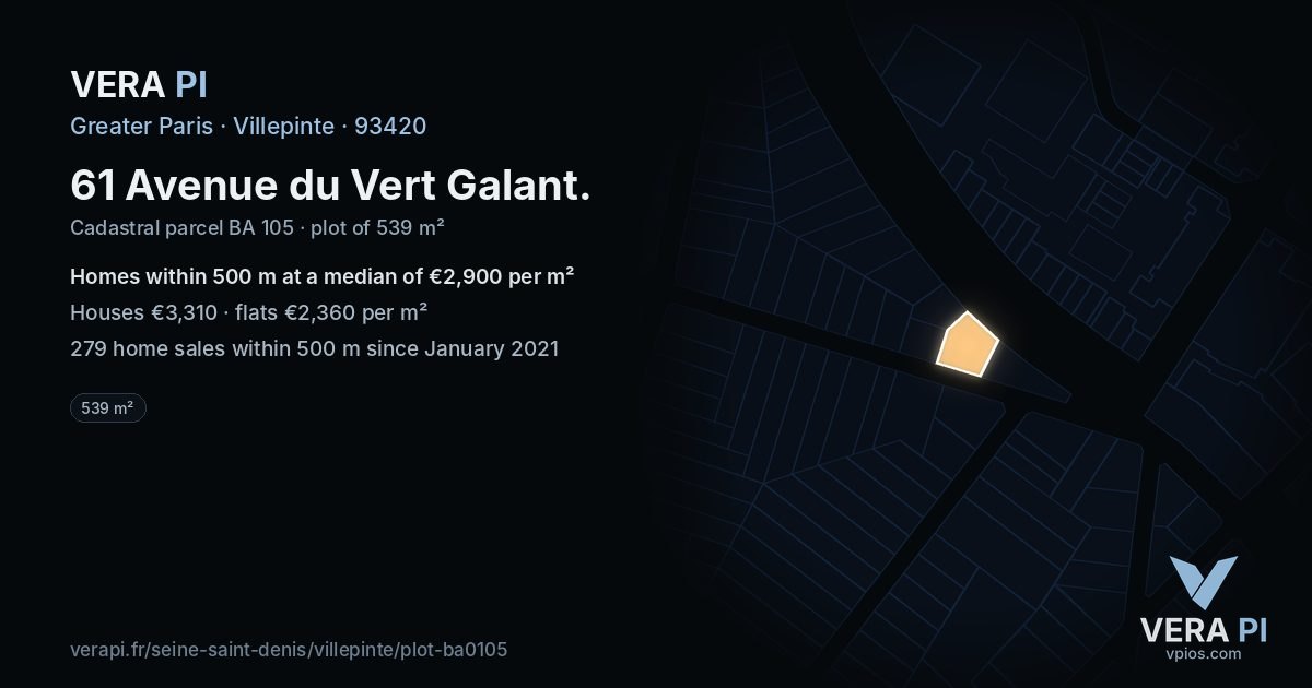 61 Avenue du Vert Galant, Villepinte at night – the plot lit, the parcels around coloured by the prices near them