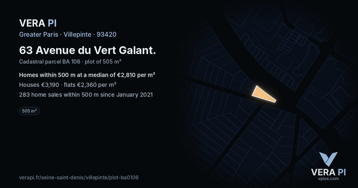 63 Avenue du Vert Galant, Villepinte at night – the plot lit, the parcels around coloured by the prices near them