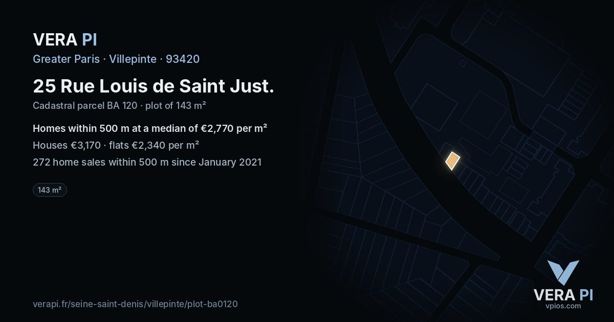 25 Rue Louis de Saint Just, Villepinte at night – the plot lit, the parcels around coloured by the prices near them
