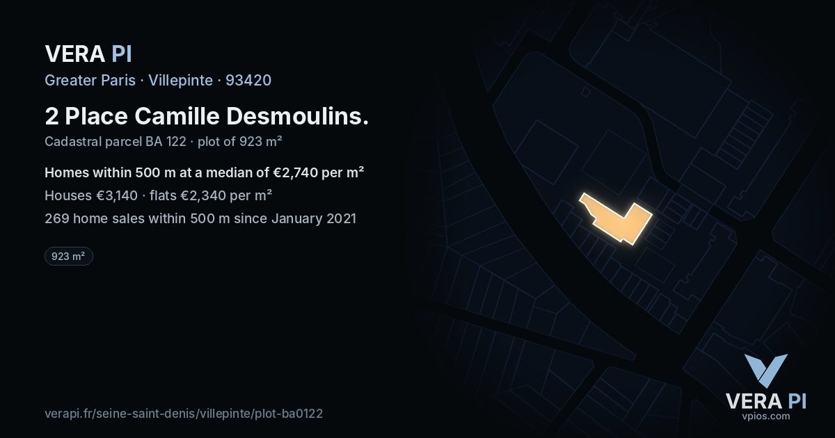 2 Place Camille Desmoulins, Villepinte at night – the plot lit, the parcels around coloured by the prices near them