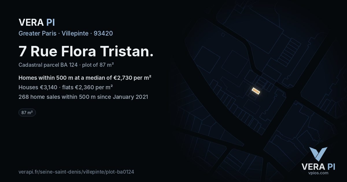 7 Rue Flora Tristan, Villepinte at night – the plot lit, the parcels around coloured by the prices near them