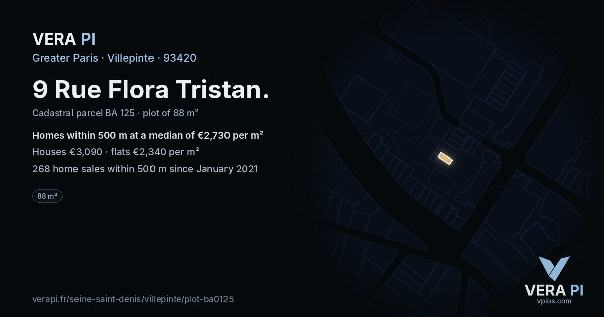 9 Rue Flora Tristan, Villepinte at night – the plot lit, the parcels around coloured by the prices near them