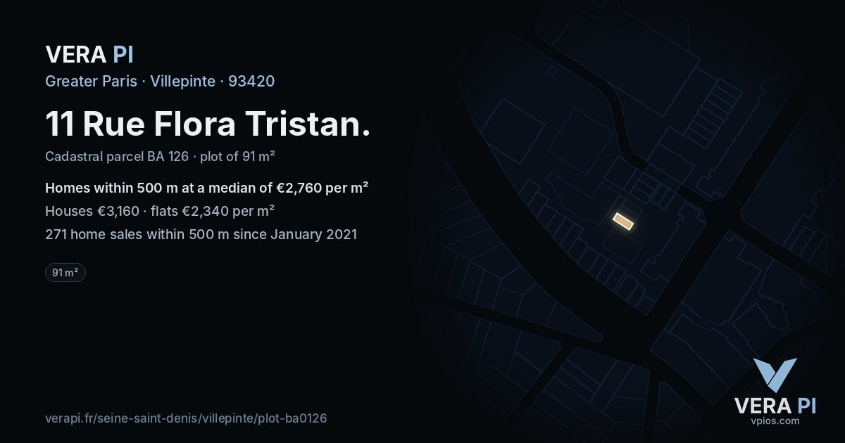 11 Rue Flora Tristan, Villepinte at night – the plot lit, the parcels around coloured by the prices near them