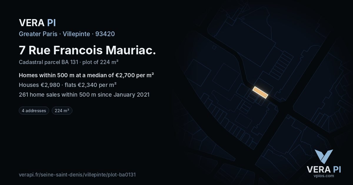 7 Rue Francois Mauriac, Villepinte at night – the plot lit, the parcels around coloured by the prices near them