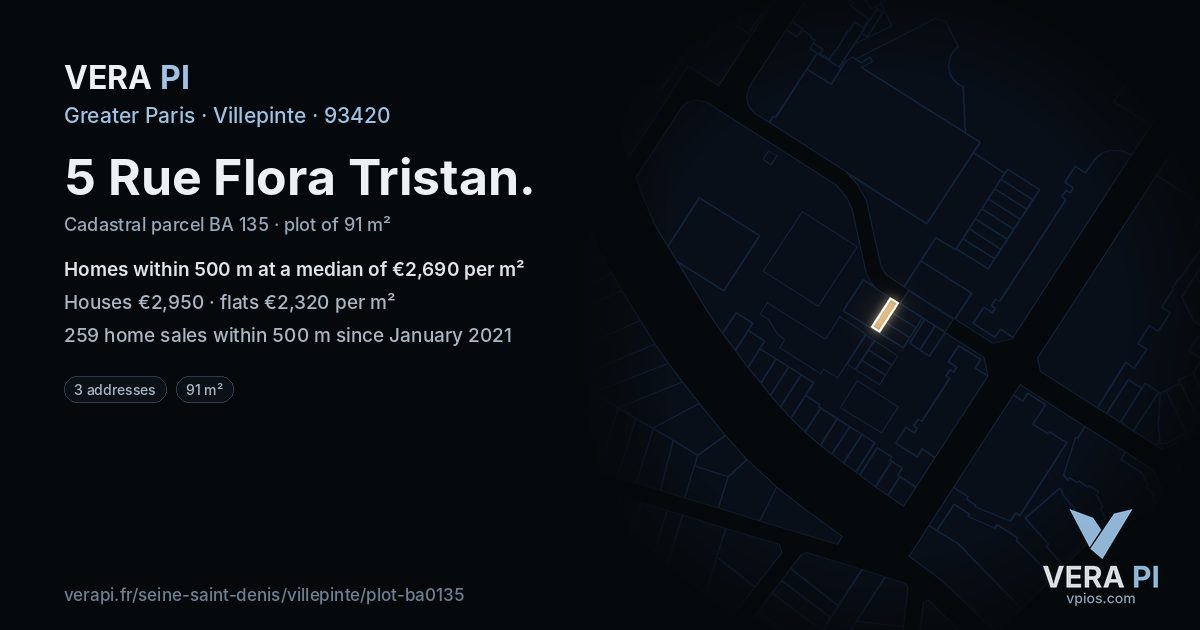5 Rue Flora Tristan, Villepinte at night – the plot lit, the parcels around coloured by the prices near them