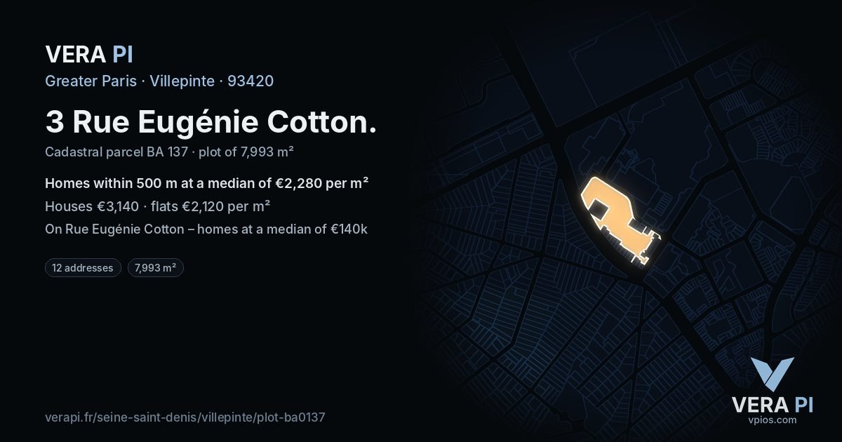 3 Rue Eugénie Cotton, Villepinte at night – the plot lit, the parcels around coloured by the prices near them