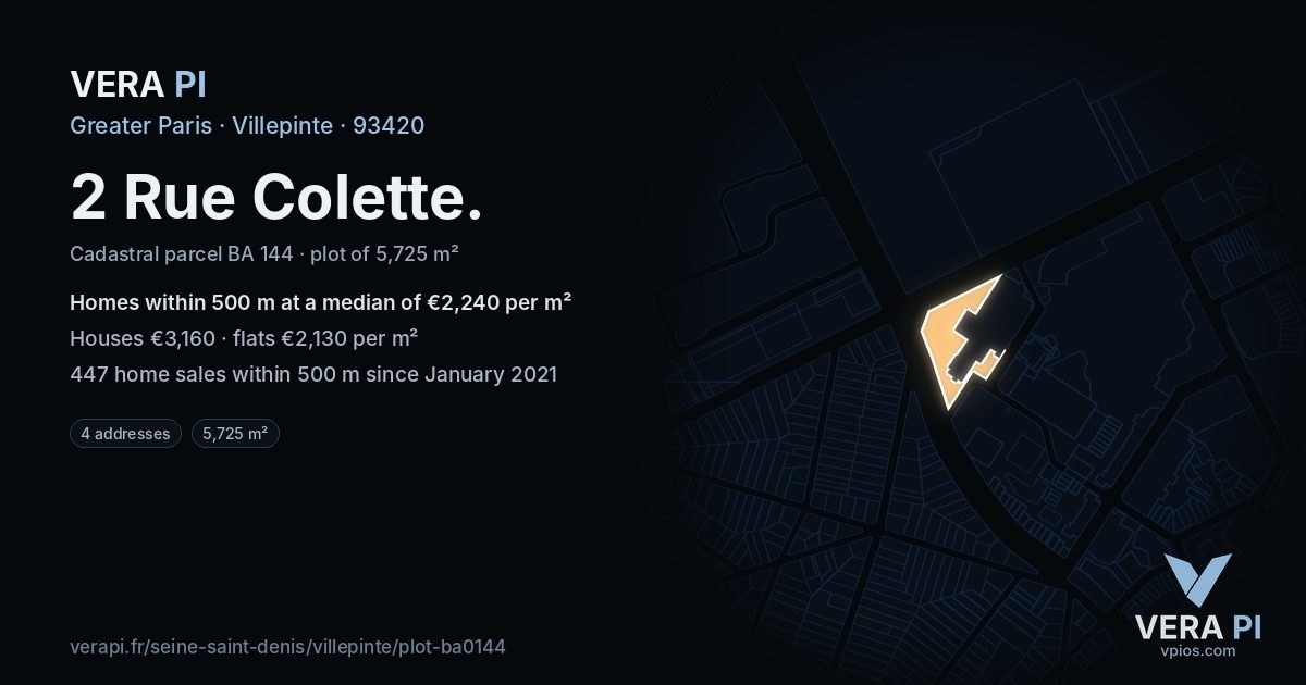 2 Rue Colette, Villepinte at night – the plot lit, the parcels around coloured by the prices near them