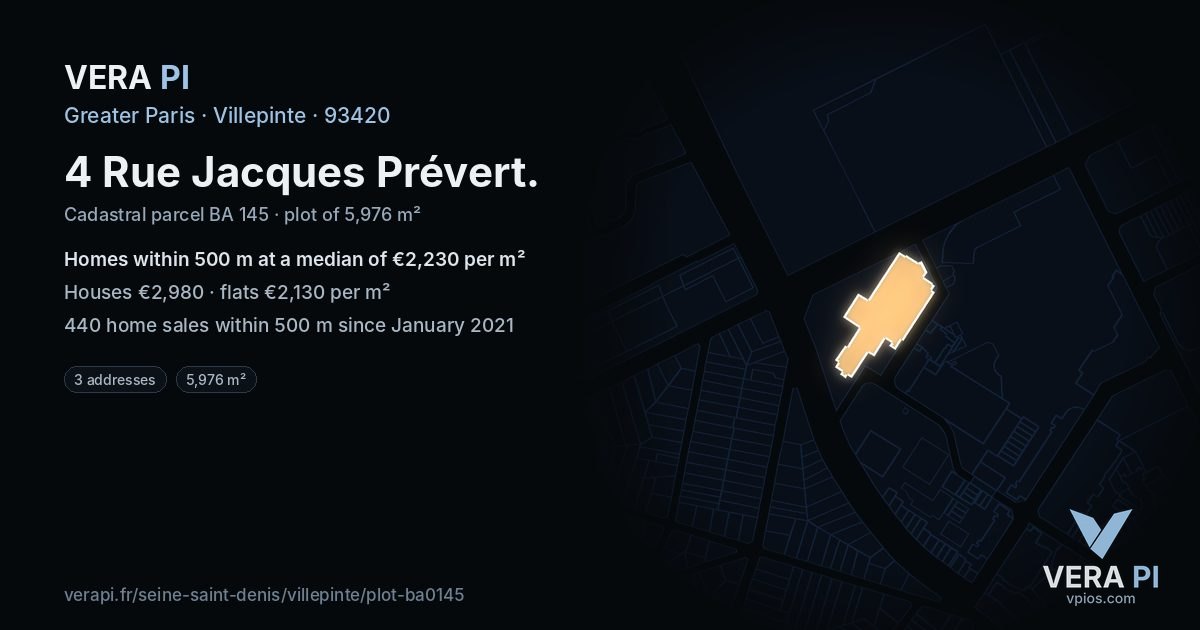 4 Rue Jacques Prévert, Villepinte at night – the plot lit, the parcels around coloured by the prices near them