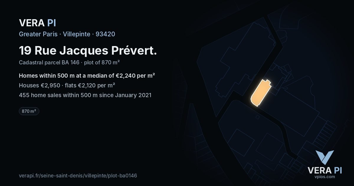 19 Rue Jacques Prévert, Villepinte at night – the plot lit, the parcels around coloured by the prices near them