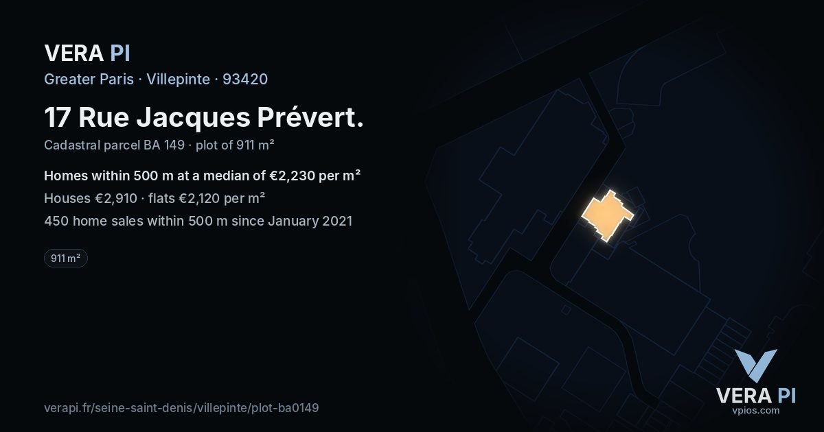 17 Rue Jacques Prévert, Villepinte at night – the plot lit, the parcels around coloured by the prices near them