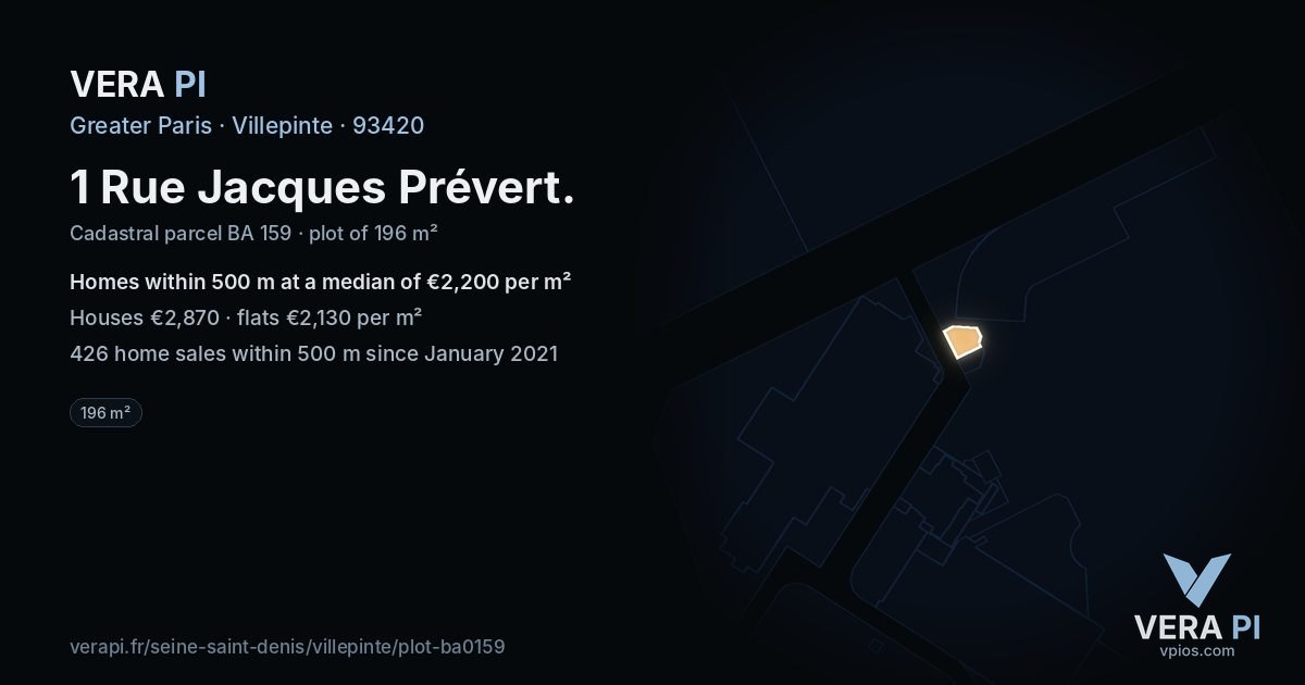 1 Rue Jacques Prévert, Villepinte at night – the plot lit, the parcels around coloured by the prices near them