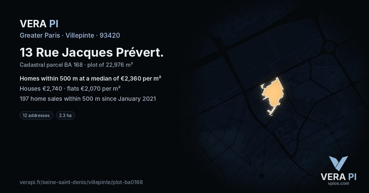 13 Rue Jacques Prévert, Villepinte at night – the plot lit, the parcels around coloured by the prices near them