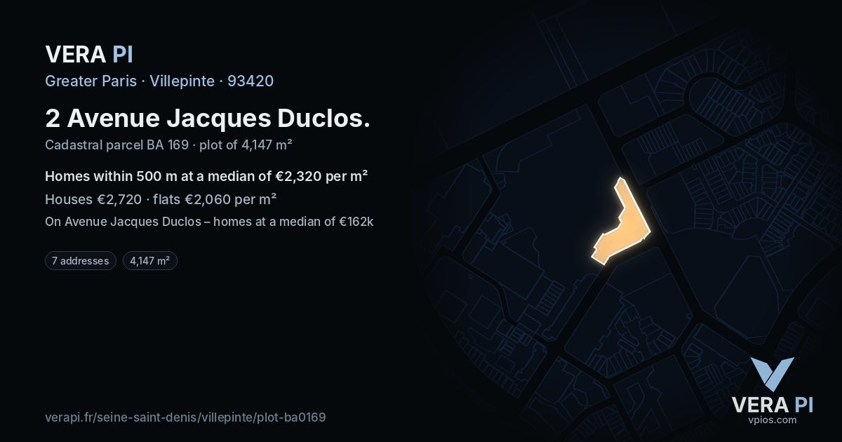 2 Avenue Jacques Duclos, Villepinte at night – the plot lit, the parcels around coloured by the prices near them